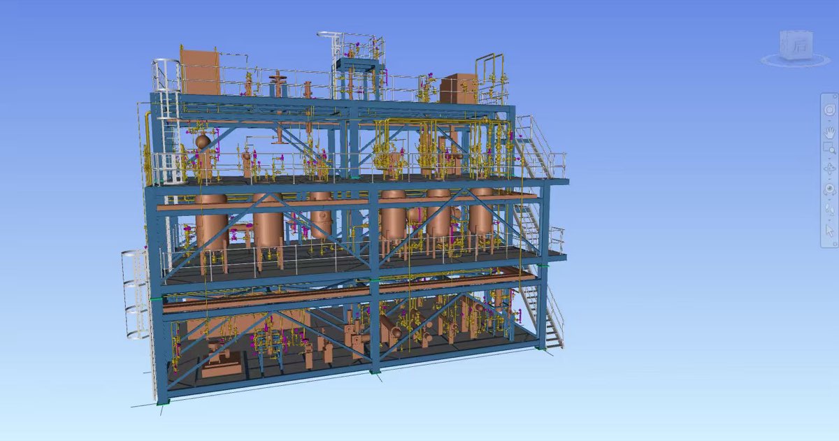 Vista frontal del modelo 3D del skid de recuperación de etileno diluido y aprovechamiento de corriente lateral